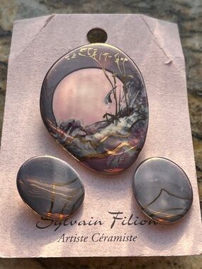 Sylvain Filion Hand-Painted Ceramic Jewelry Set – Landscape Pin & Earrings